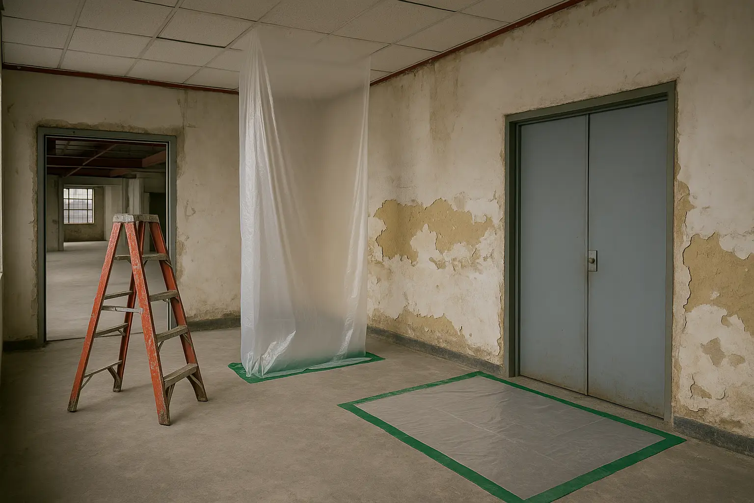 "CMEC environmental containment setup in an old building with peeling lead-based paint, featuring plastic sheeting, taped floor protection, and ladder for safe remediation work.