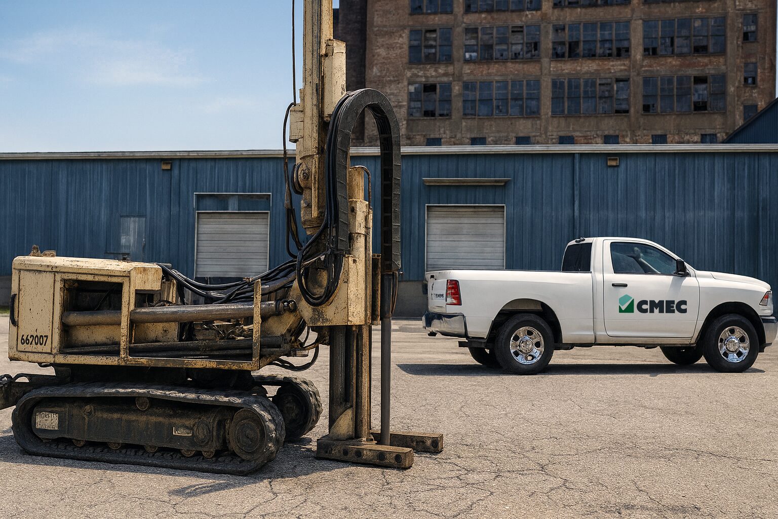 CMEC Environmental truck and drilling rig on-site during a Phase II Environmental Site Assessment soil sampling project.