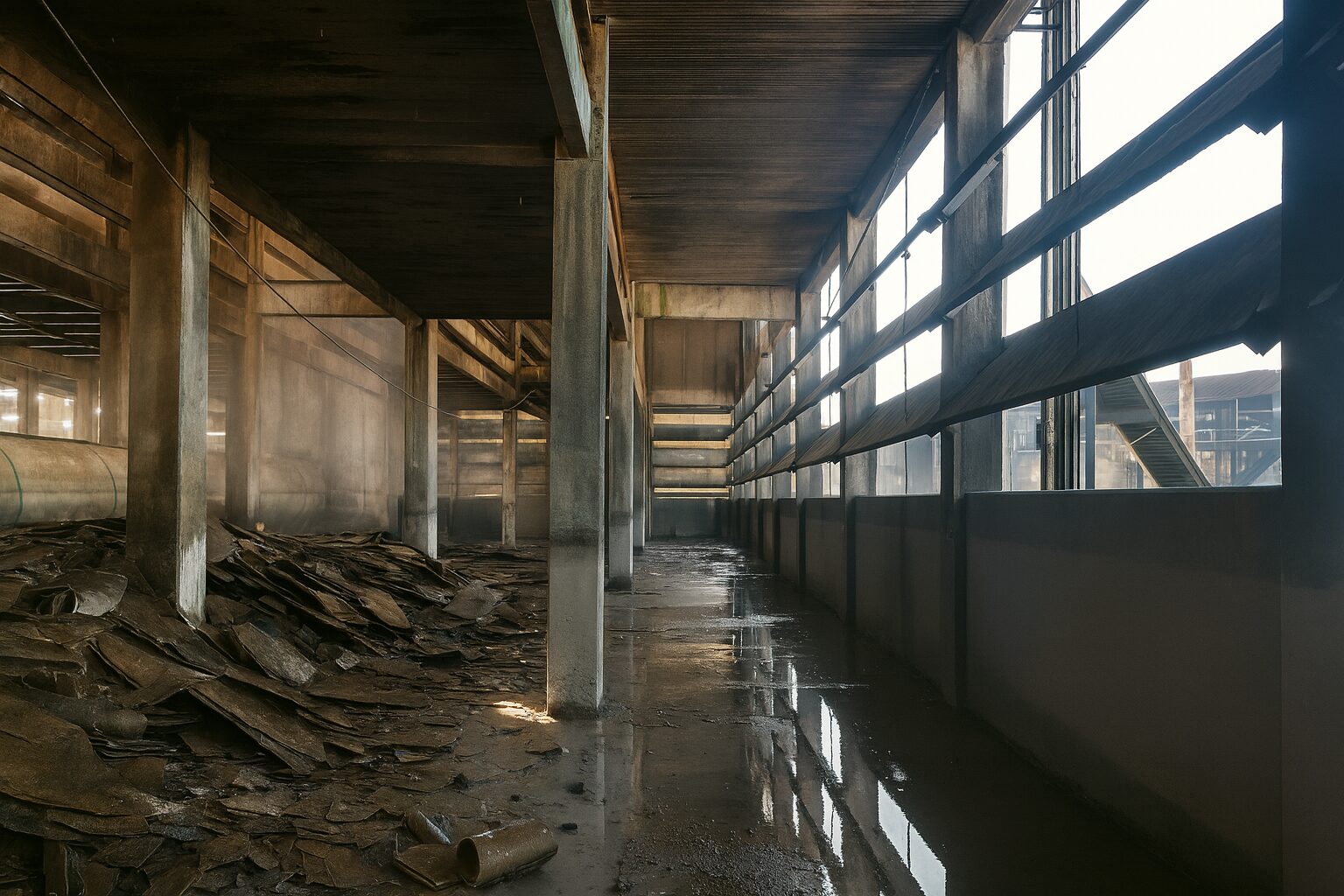 Interior of an abandoned industrial building with debris and damaged flooring, illustrating conditions that require asbestos and environmental inspections before demolition