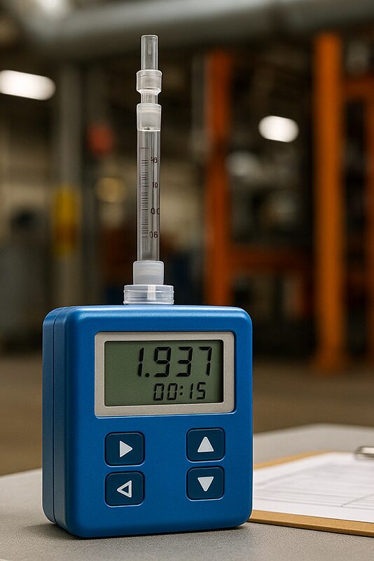 Industrial hygiene air sampling pump used for monitoring workplace air quality, chemical exposure, and OSHA compliance testing.