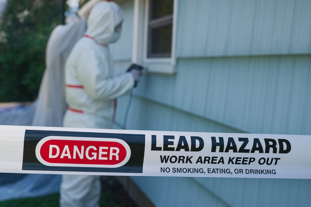 Louisville’s Older Homes: 5 Hidden Lead Hazards CMEC lead hazard remediation worker in protective suit behind danger tape during safe lead paint removal project.