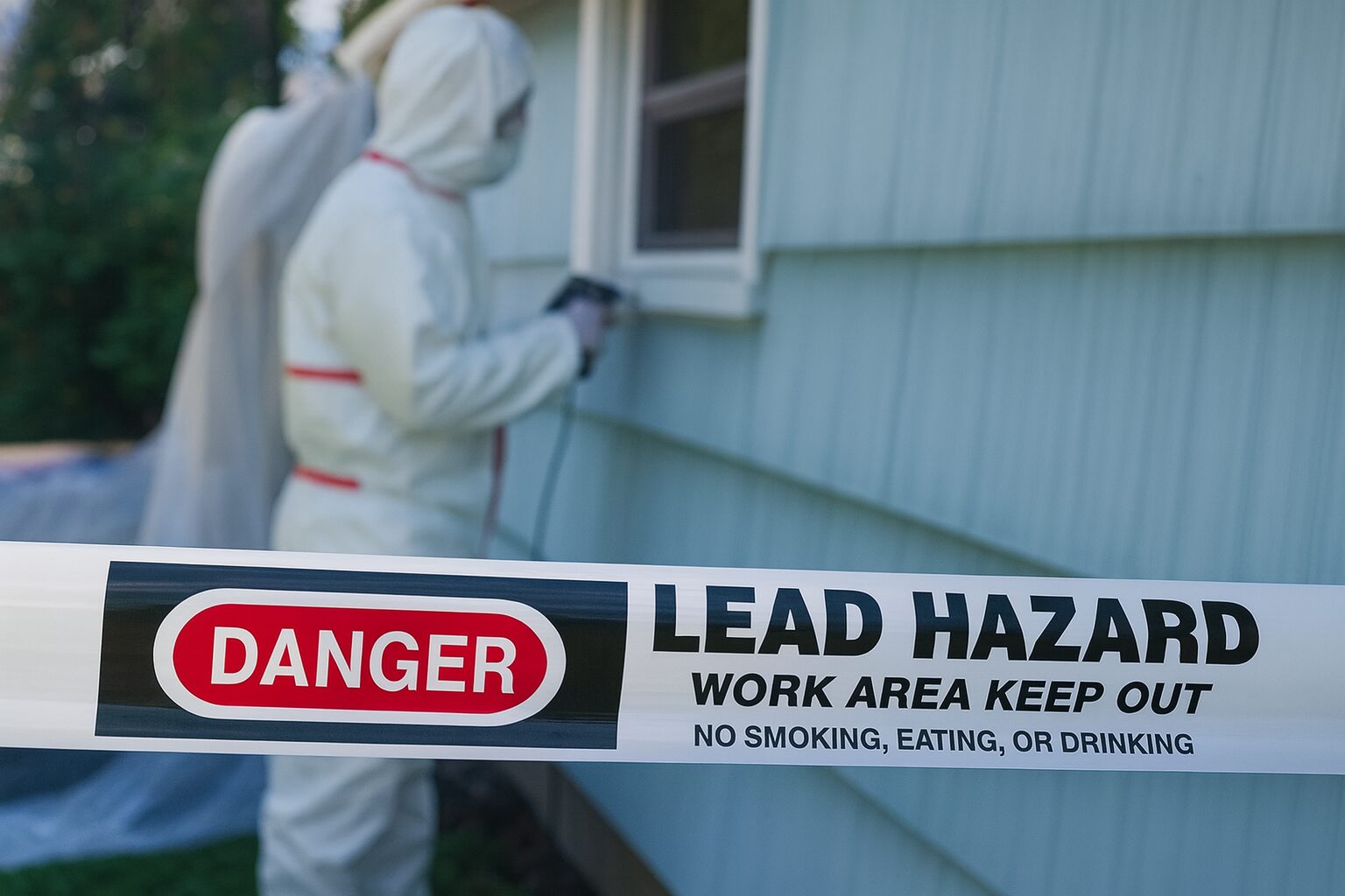 CMEC lead hazard remediation worker in protective suit behind danger tape during safe lead paint removal project.
