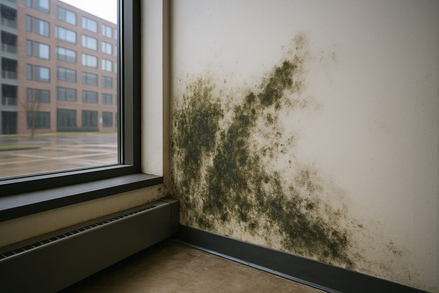 Black mold growth on an interior wall near a window in a commercial building