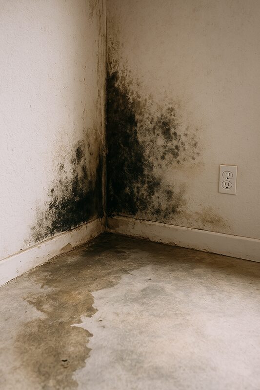 Severe black mold growth on interior wall and floor of a residential home