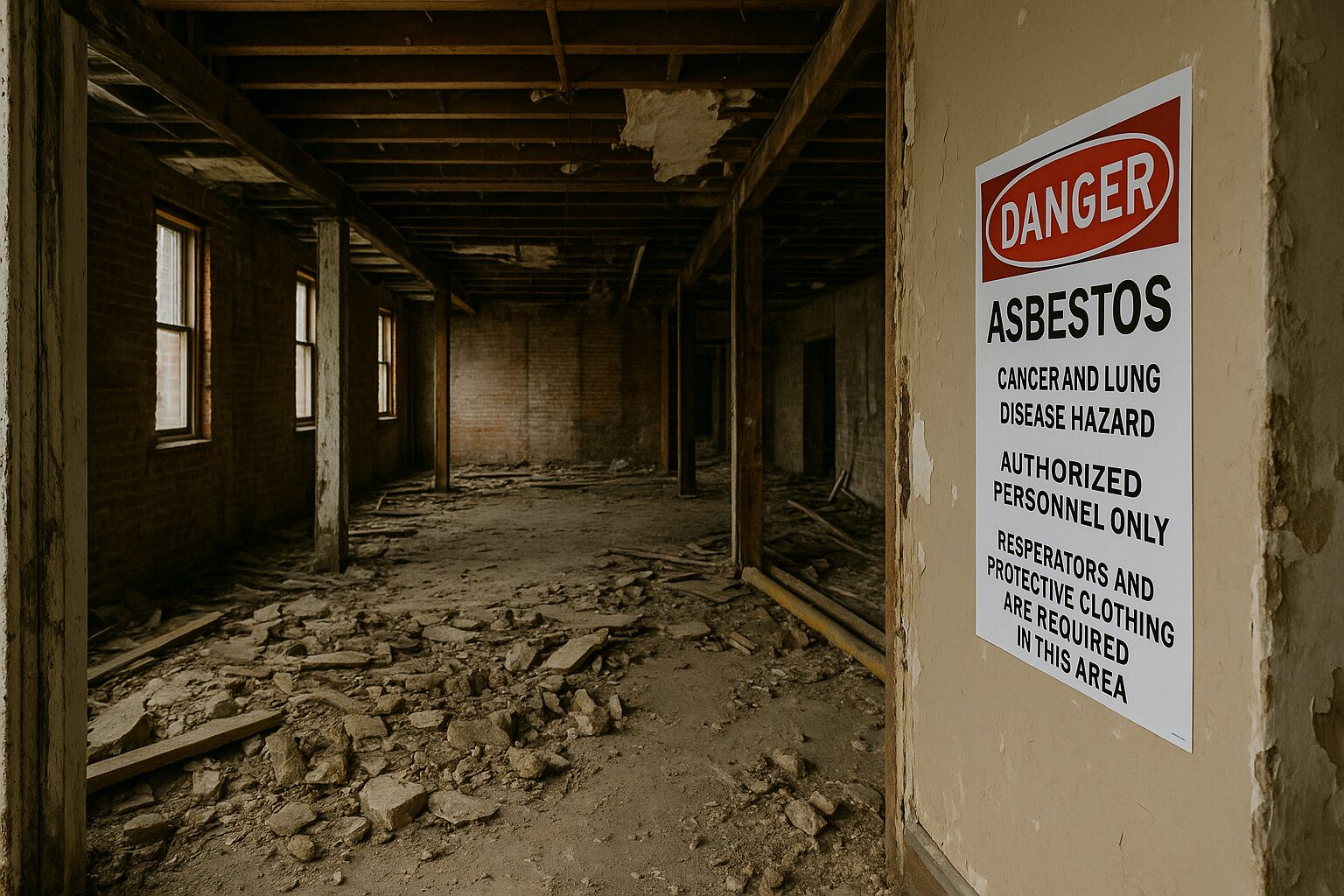 Abandoned building interior with asbestos danger sign warning about health risks, used to illustrate the need for pre-renovation and demolition inspections.