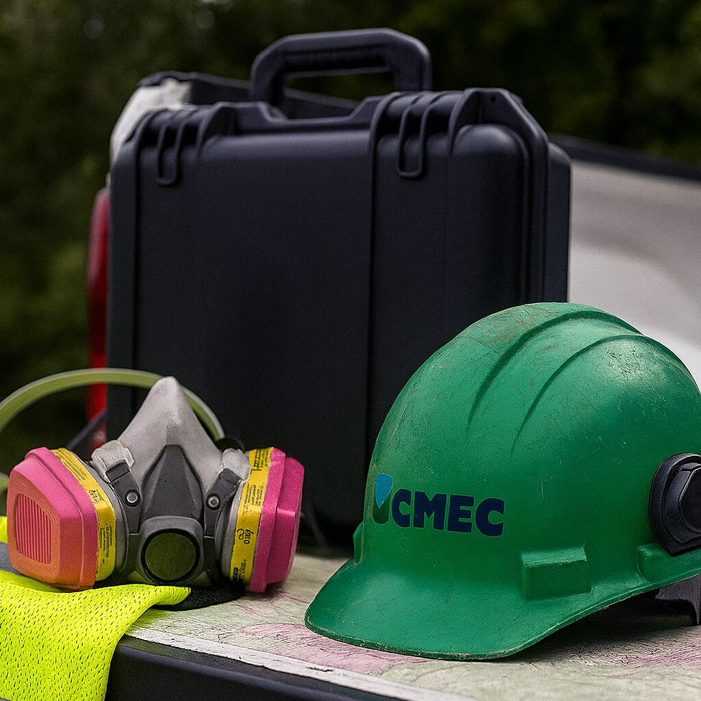 CMEC hard hat and safety equipment for environmental testing and radon inspections in Louisville, Kentucky.
