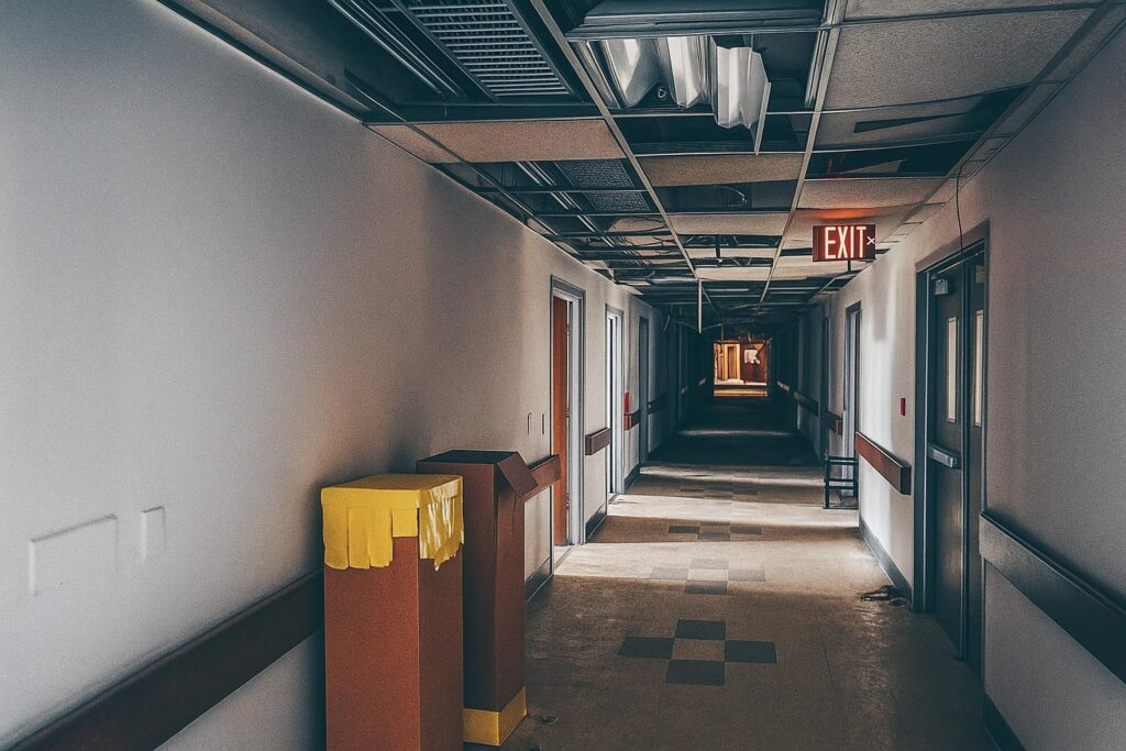 Abandoned Kentucky building hallway with visible ceiling damage and debris, representing an environmental inspection site for lead, asbestos, and water compliance testing by CMEC Environmental.