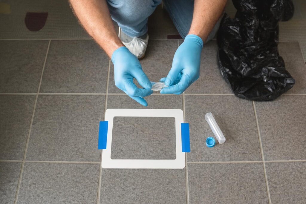 Certified lead inspector collecting a dust sample from floor tiles during a HUD-compliant lead-based paint risk assessment in a residential building.