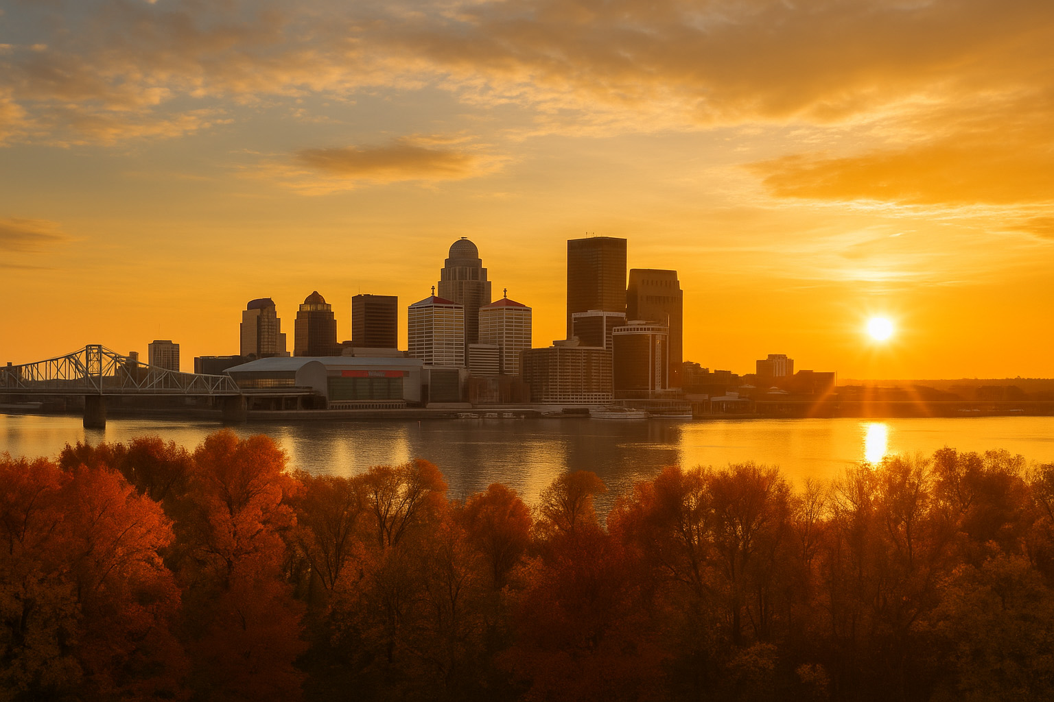Louisville, Kentucky skyline at sunset reflected on the Ohio River, framed by autumn trees with golden and orange leaves under a glowing sky.