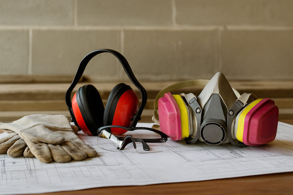 Protective gear including gloves, earmuffs, safety glasses, and a respirator mask arranged on top of construction blueprints at a job site.