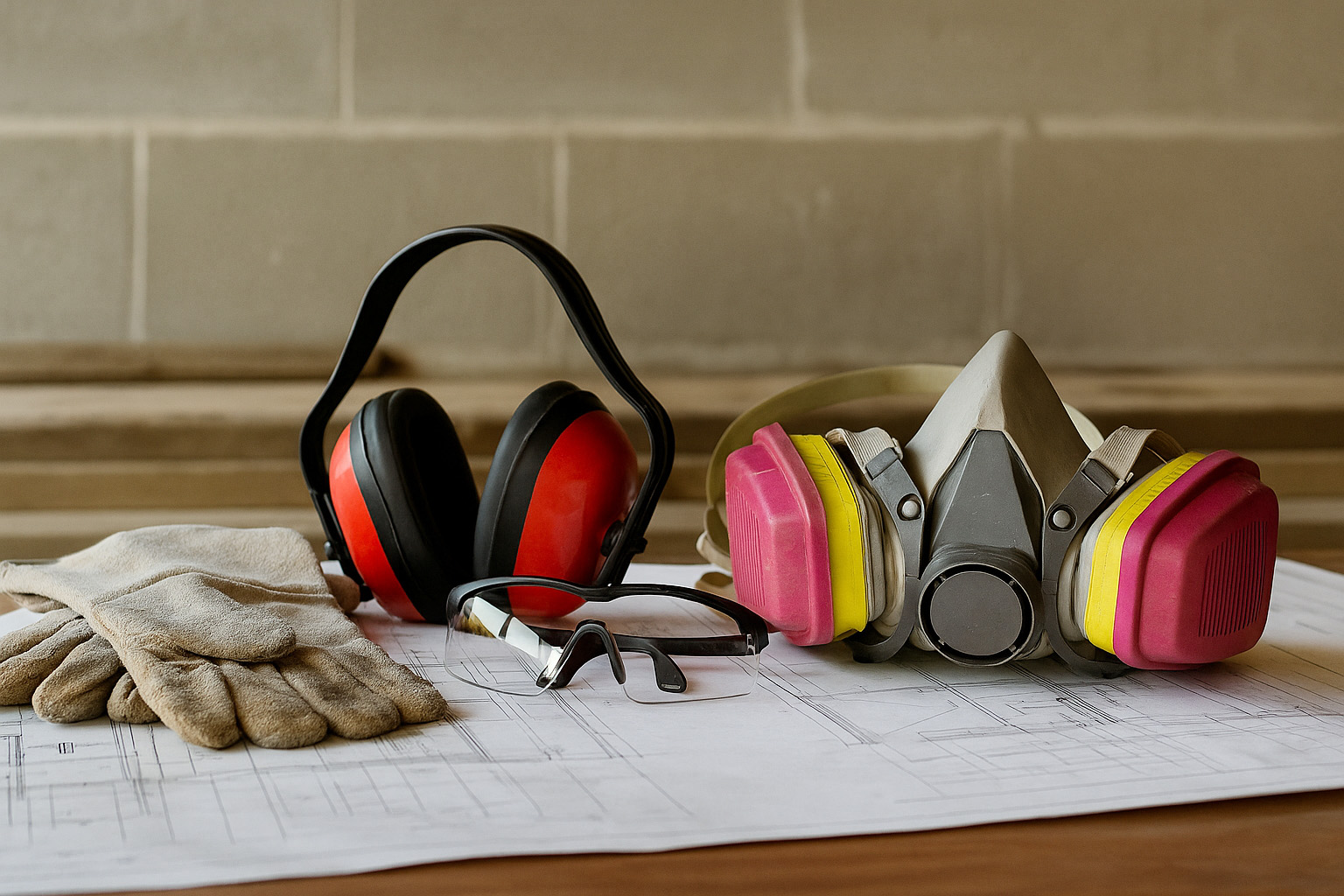 Protective gear including gloves, earmuffs, safety glasses, and a respirator mask arranged on top of construction blueprints at a job site.
