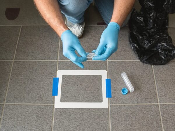 leadtesting2f c CMEC environmental consultant collecting a surface sample on tile flooring using protective gloves, frame, and test kit for lead and asbestos testing.