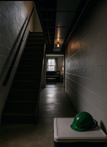 Radon Testing in Louisville KY Basement | CMEC Environmental Basement hallway in Louisville home with CMEC safety helmet, representing radon testing and inspection services in Kentucky.