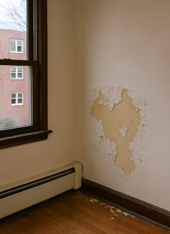 Corner of an older apartment interior showing peeling paint on the wall near a window, captured in natural light during a lead-based paint inspection.